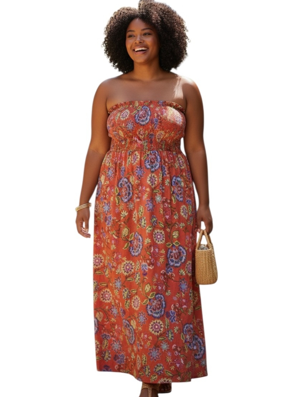 SHEIN Rust Floral Strapless Maxi Dress